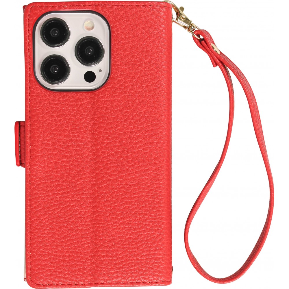 iPhone 15 Pro Case Hülle - Flip Wallet aus veganem Leder mit Brieftasche und Magnetverschluss - Rot