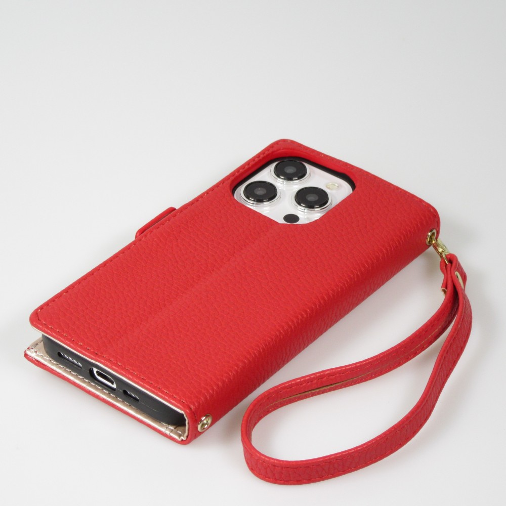 iPhone 15 Pro Case Hülle - Flip Wallet aus veganem Leder mit Brieftasche und Magnetverschluss - Rot