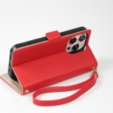 iPhone 15 Pro Case Hülle - Flip Wallet aus veganem Leder mit Brieftasche und Magnetverschluss - Rot