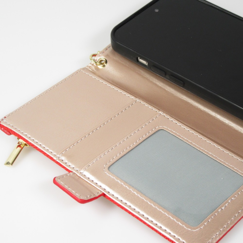 iPhone 15 Pro Case Hülle - Flip Wallet aus veganem Leder mit Brieftasche und Magnetverschluss - Rot