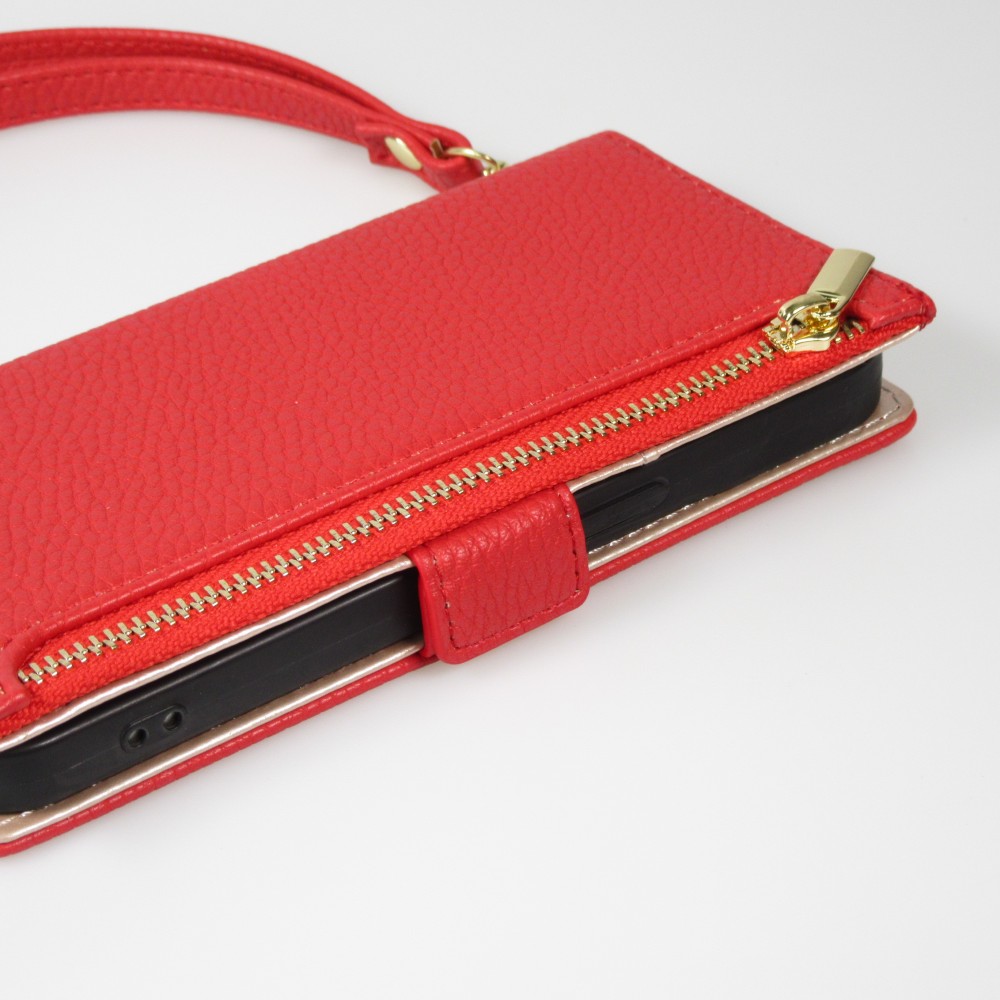 iPhone 15 Pro Case Hülle - Flip Wallet aus veganem Leder mit Brieftasche und Magnetverschluss - Rot