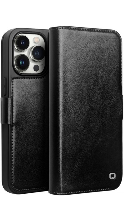 iPhone 14 Pro Case Hülle - Flip Qialino Echtleder mit magnetischem Verschluss - Schwarz