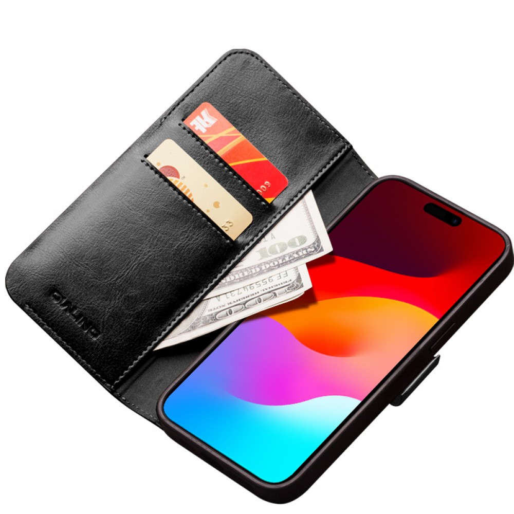 iPhone 14 Pro Max Case Hülle - Flip Qialino Echtleder mit magnetischem Verschluss - Schwarz