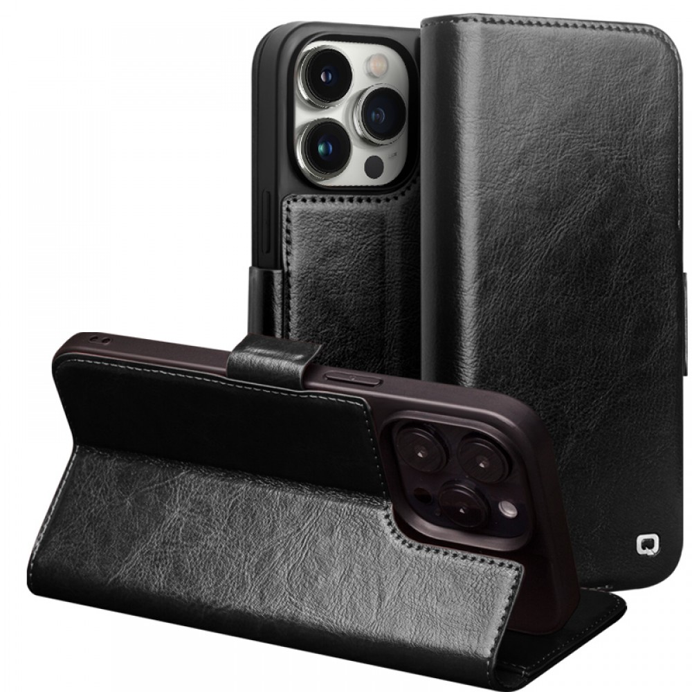iPhone 14 Pro Max Case Hülle - Flip Qialino Echtleder mit magnetischem Verschluss - Schwarz