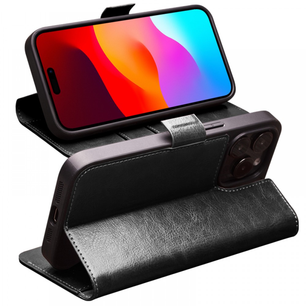 iPhone 14 Pro Max Case Hülle - Flip Qialino Echtleder mit magnetischem Verschluss - Schwarz