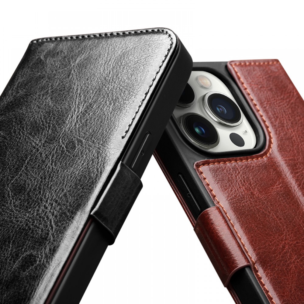 iPhone 14 Pro Max Case Hülle - Flip Qialino Echtleder mit magnetischem Verschluss - Schwarz