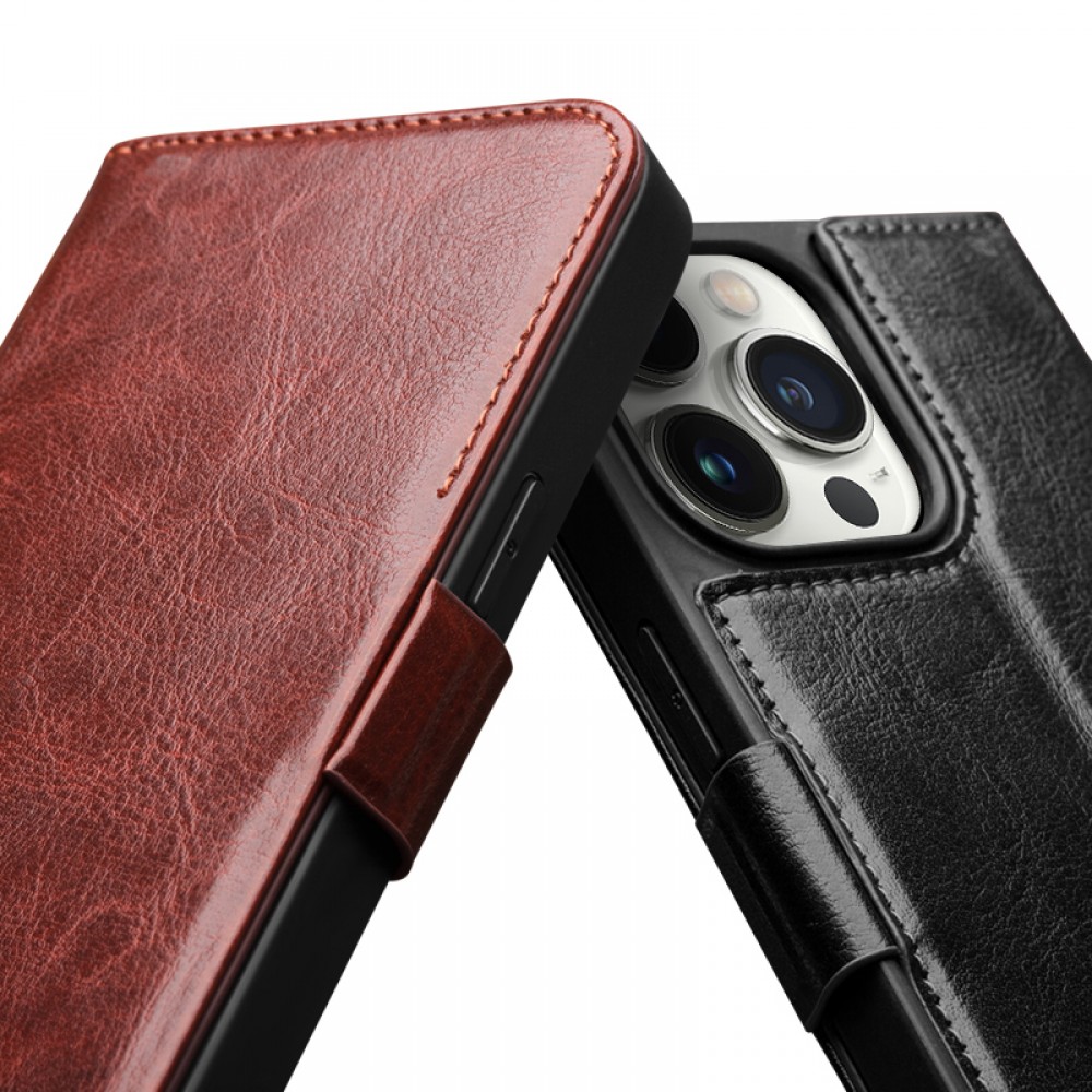 iPhone 14 Pro Max Case Hülle - Flip Qialino Echtleder mit magnetischem Verschluss - Schwarz