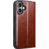 iPhone 16 Case Hülle - Qialino Flip Classic Wallet Echtleder - Braun