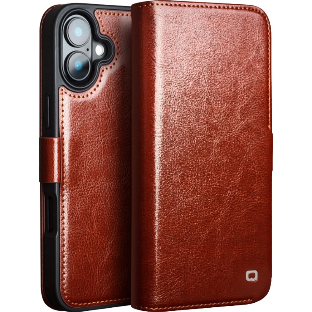iPhone 16e Case Hülle - Flip Qialino Echtleder mit magnetischem Verschluss - Braun