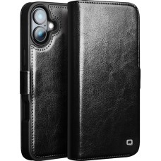 iPhone 16e Case Hülle - Flip Qialino Echtleder mit magnetischem Verschluss - Schwarz