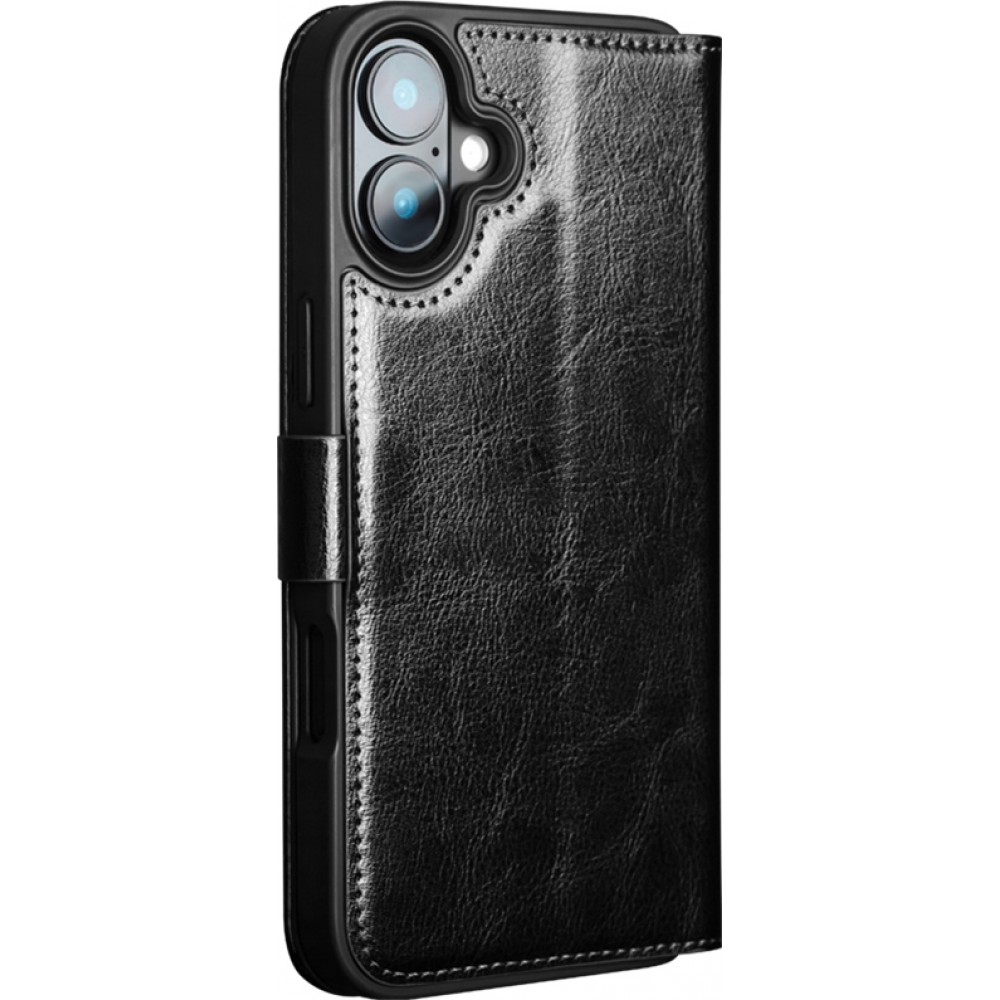 iPhone 16e Case Hülle - Flip Qialino Echtleder mit magnetischem Verschluss - Schwarz