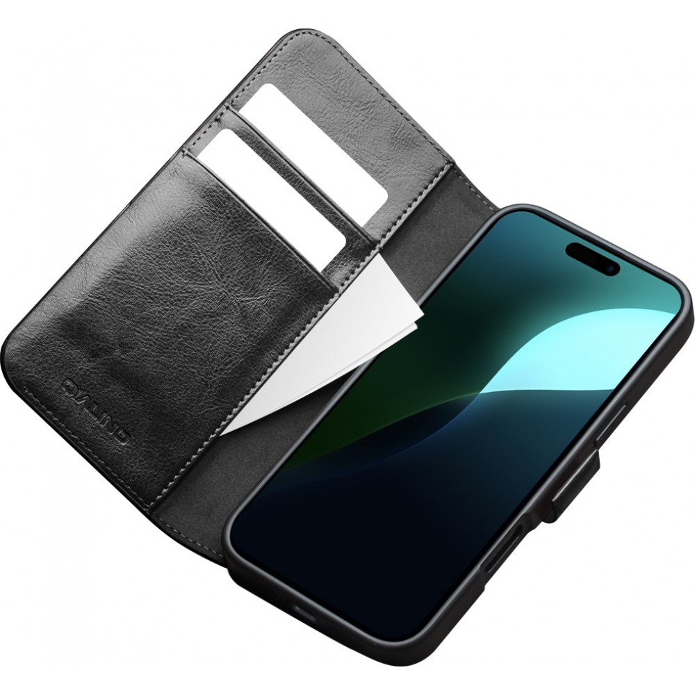 iPhone 16e Case Hülle - Flip Qialino Echtleder mit magnetischem Verschluss - Schwarz