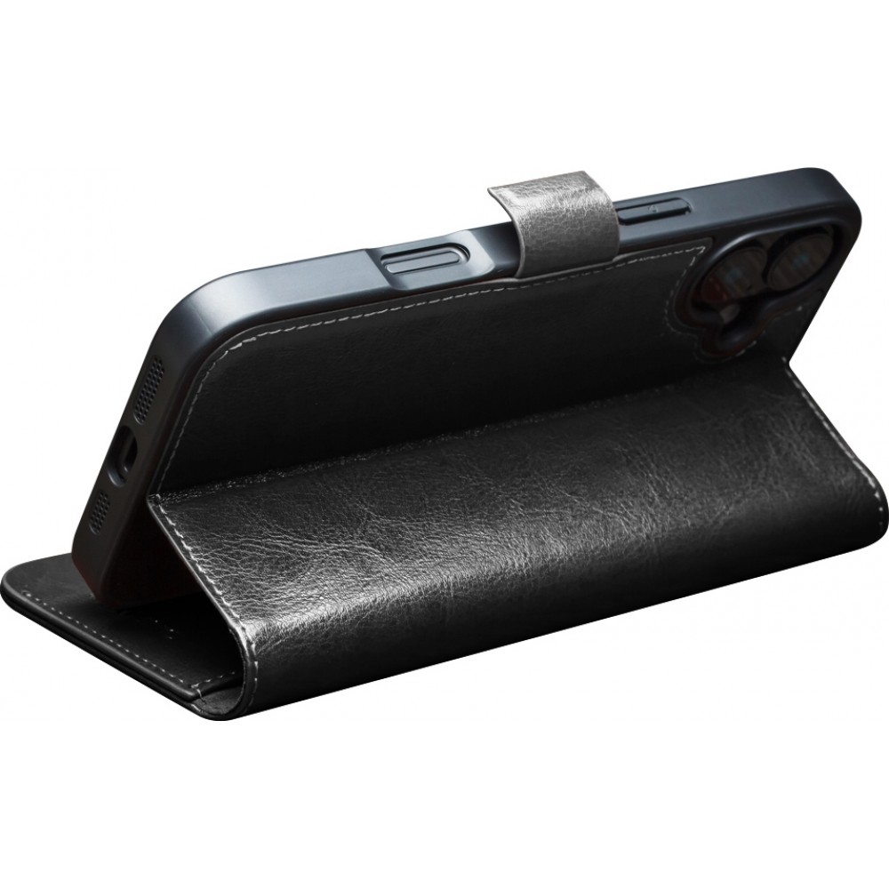 iPhone 16e Case Hülle - Flip Qialino Echtleder mit magnetischem Verschluss - Schwarz