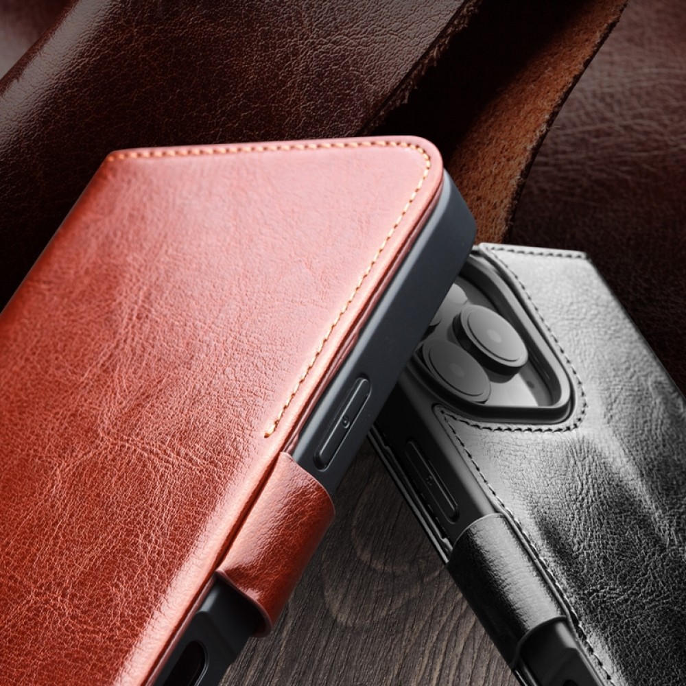 iPhone 16e Case Hülle - Flip Qialino Echtleder mit magnetischem Verschluss - Schwarz
