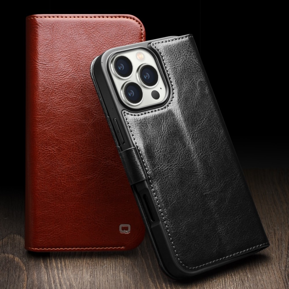 iPhone 16e Case Hülle - Flip Qialino Echtleder mit magnetischem Verschluss - Schwarz