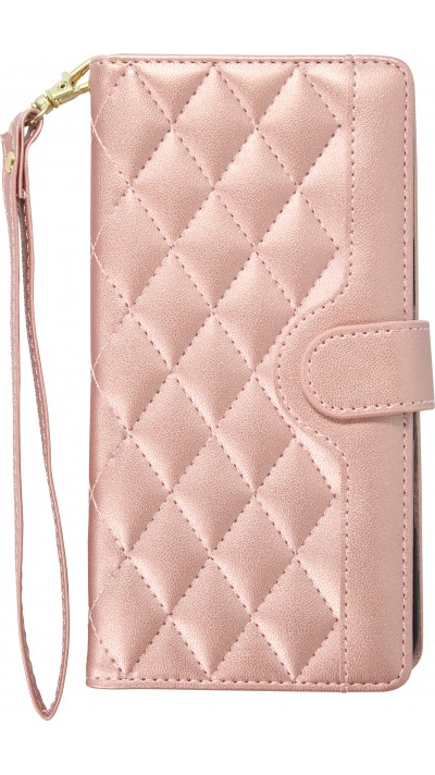iPhone 16 Case Hülle - Elegante Flip-Matratze mit Magnetverschluss Trageband und Kartenfächern - Rosa gold
