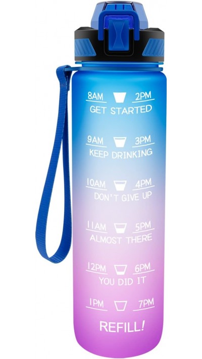 Grosse Wasserflasche 1000ml Stay Hydrated mit Drink-Motivation und Sicherheitsverschluss - Blau/Rosa