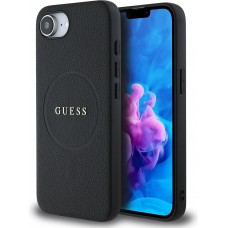 iPhone 16e Case H&uuml;lle - Guess Classic Logo MagSafe aus genarbtem Leder - Schwarz