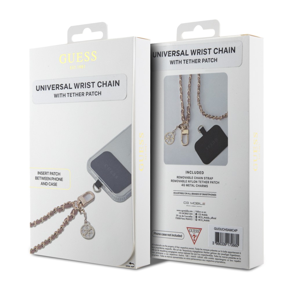 Guess abnehmbarer Handgelenkriemen aus goldenen Gliedern und Kunstlederschnürsenkel mit Charm-Anhänger - Rosa