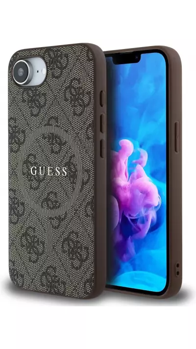 iPhone 16e Case H&uuml;lle - Guess Monogramm Kunstleder mit integriertem MagSafe - Braun