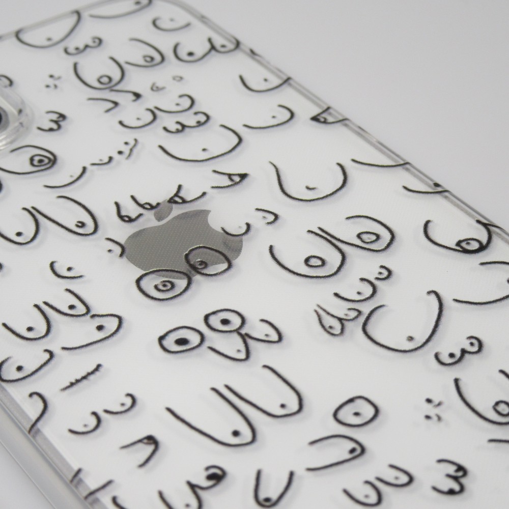 iPhone 13 Pro Max Case Hülle - Transparentes Silikon Cover funny Cartoon Brüste Tattoo - Transparent