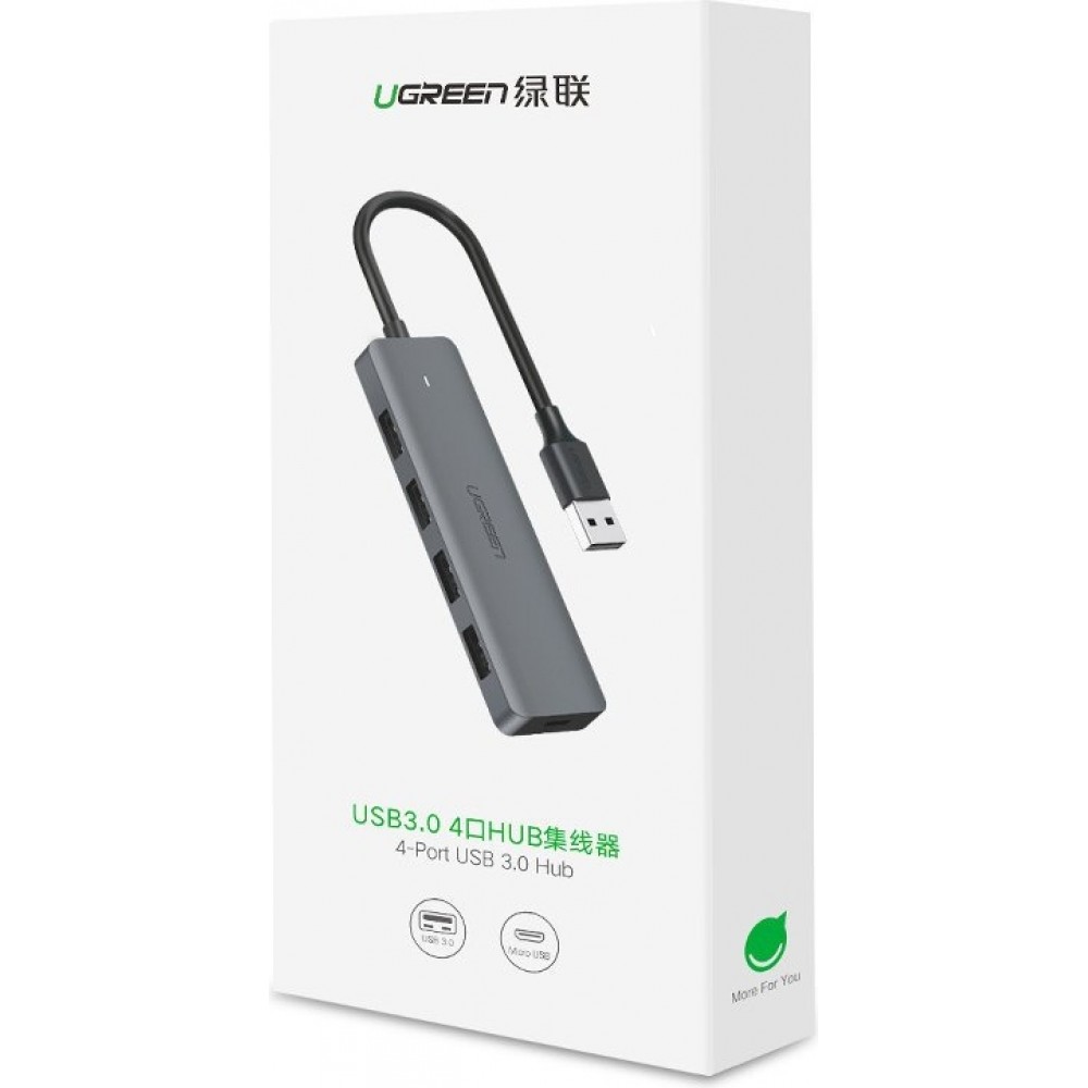 Ugreen USB Hub 4x USB3.2 High Performance schnellübertragung 5Gbps mit Micro USB Power Anschluss - Grau