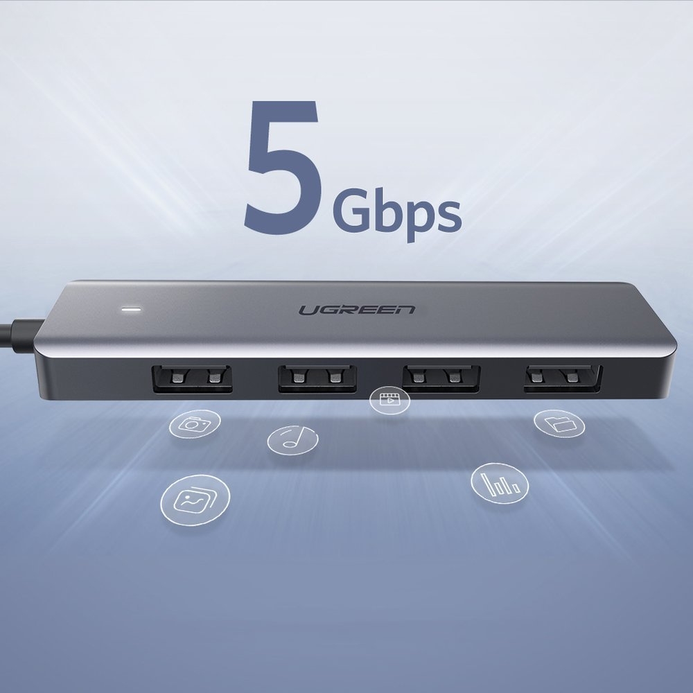 Ugreen USB Hub 4x USB3.2 High Performance schnellübertragung 5Gbps mit Micro USB Power Anschluss - Grau