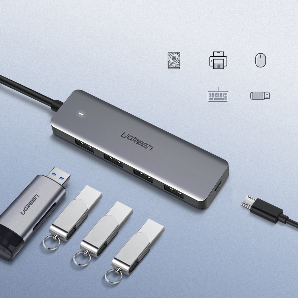 Ugreen USB Hub 4x USB3.2 High Performance schnellübertragung 5Gbps mit Micro USB Power Anschluss - Grau