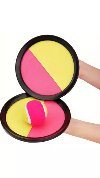 Jeu disques adhésifs velcro avec balle à attraper pour enfants et adultes (set de 2 disques et 1 balle) - Rose/jaune
