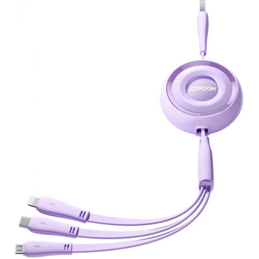 Joyroom 3 in 1 einziehbares Kabel 1m USB-A auf USB-C + Lightning + microUSB - Violett
