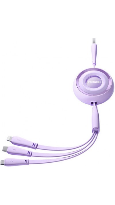 Joyroom 3 en 1 câble rétractable 1m USB-A vers USB-C + Lightning + microUSB - Violet