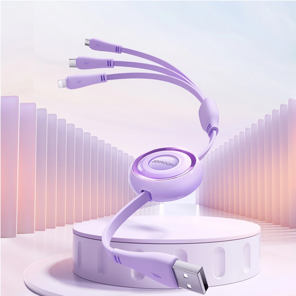 Joyroom 3 in 1 einziehbares Kabel 1m USB-A auf USB-C + Lightning + microUSB - Violett