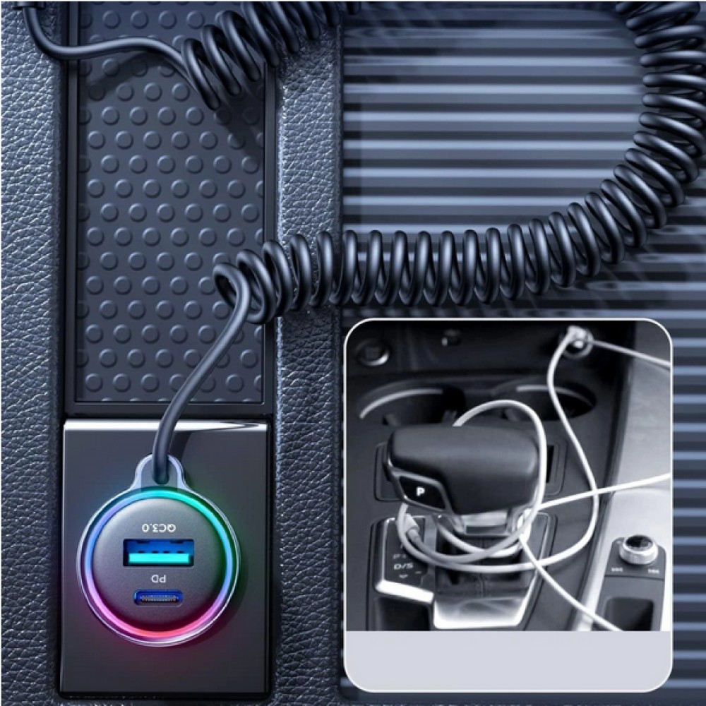 Joyroom 3in1 Zigarettenanzünder Adapter 60W Fast Charger mit integriertem USB-C Kabel & USB-C + USB-A QC3.0 Anschluss