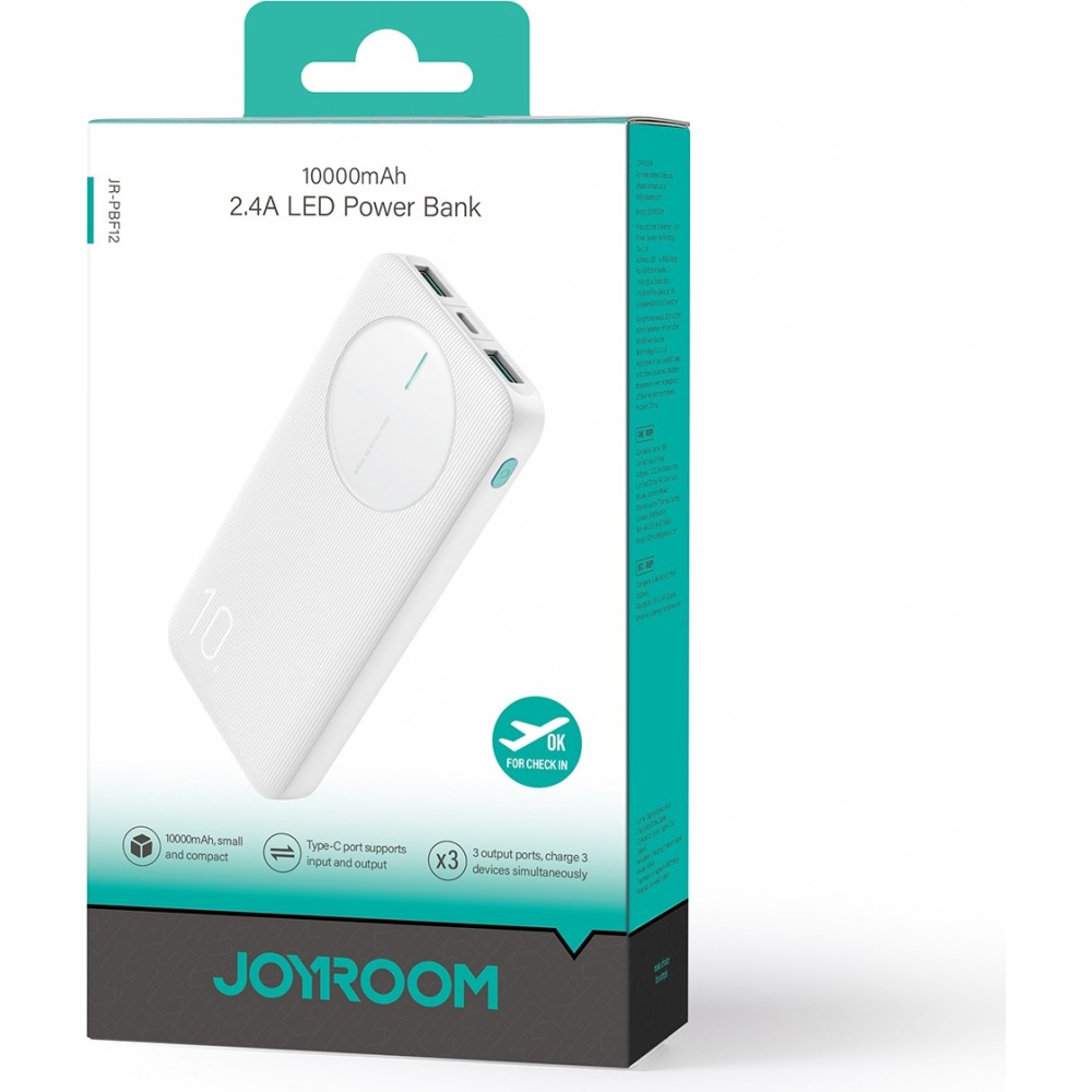 Joyroom Powerbank 3 en 1 avec capacit&eacute; de 10000mAh clean Design 2x USB-A 2.4 & 1x USB-C (In+Out) - Blanc