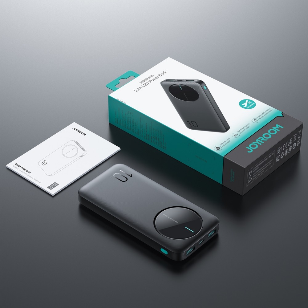 Joyroom 3 in 1 Powerbank mit 10000mAh Kapazit&auml;t clean Design 2x USB-A 2.4 & 1x USB-C (In+Out) - Schwarz