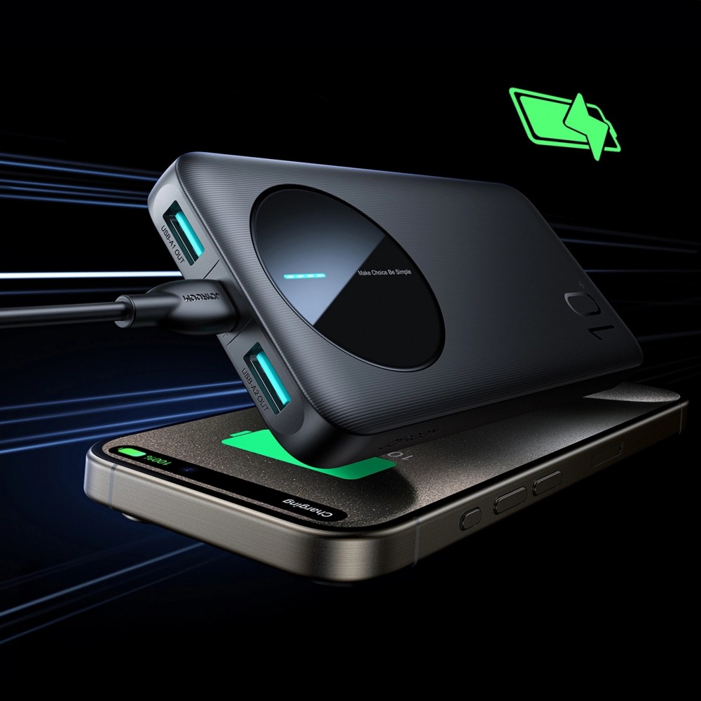 Joyroom 3 in 1 Powerbank mit 10000mAh Kapazit&auml;t clean Design 2x USB-A 2.4 & 1x USB-C (In+Out) - Schwarz