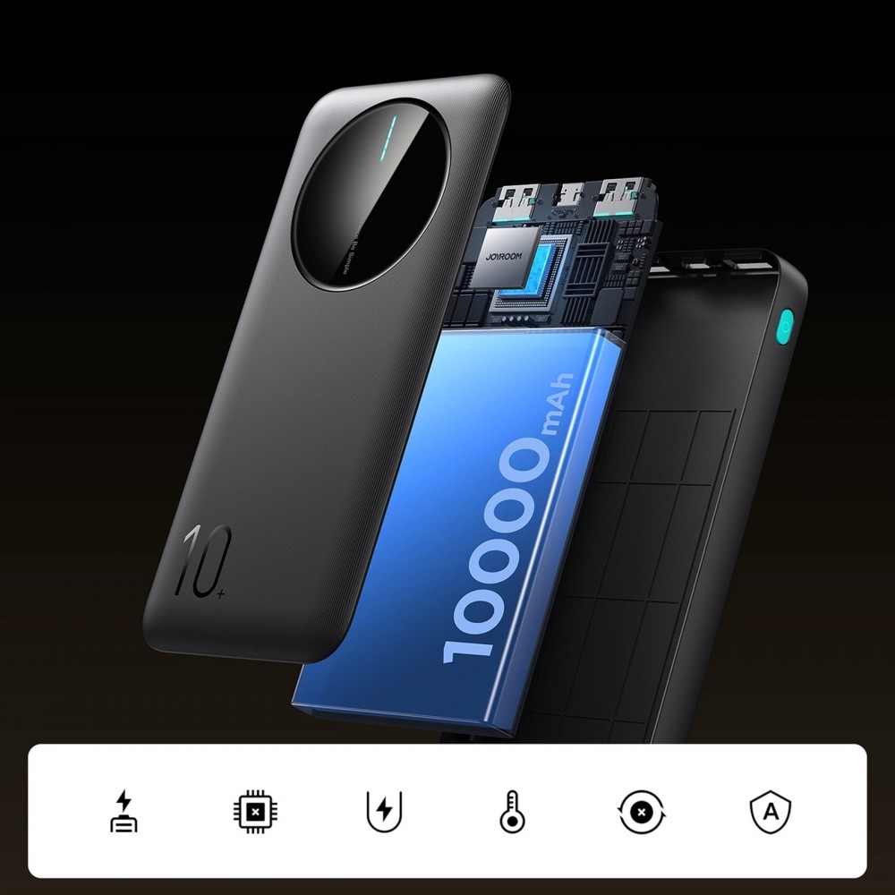Joyroom 3 in 1 Powerbank mit 10000mAh Kapazit&auml;t clean Design 2x USB-A 2.4 & 1x USB-C (In+Out) - Schwarz