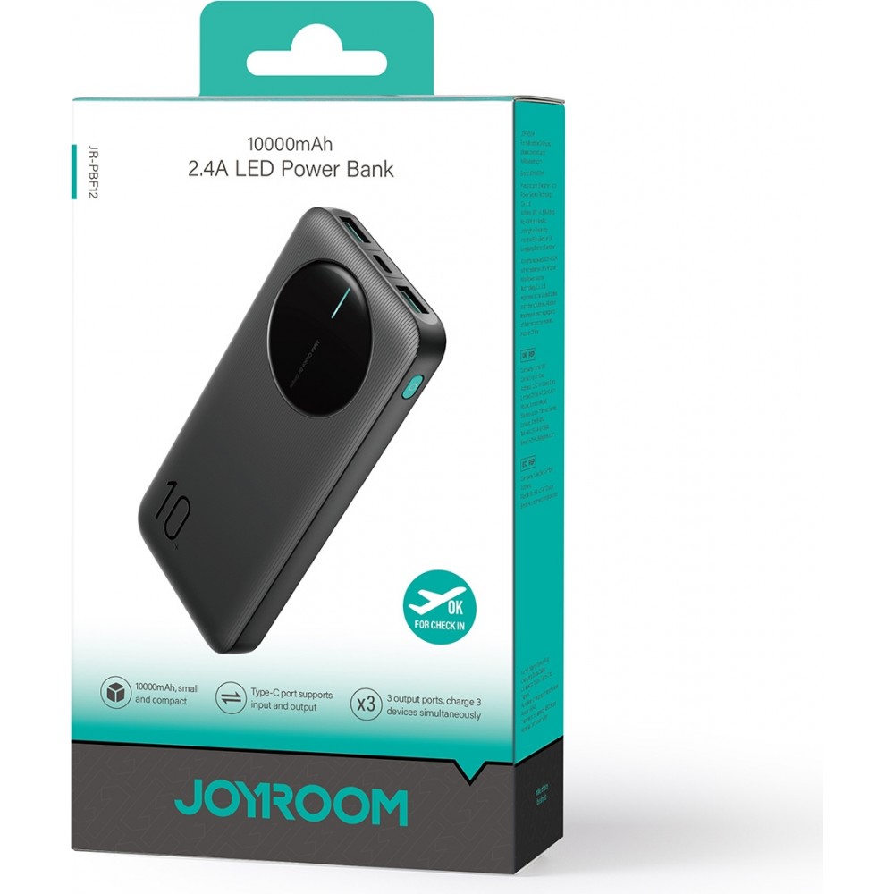 Joyroom 3 in 1 Powerbank mit 10000mAh Kapazit&auml;t clean Design 2x USB-A 2.4 & 1x USB-C (In+Out) - Schwarz