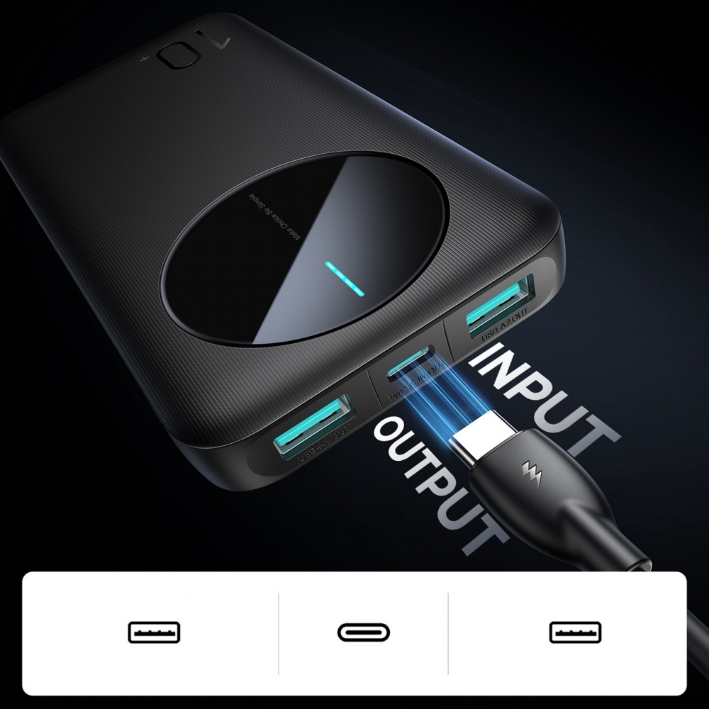 Joyroom 3 in 1 Powerbank mit 10000mAh Kapazit&auml;t clean Design 2x USB-A 2.4 & 1x USB-C (In+Out) - Schwarz