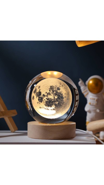 Lampe de nuit 3D décorative cristal en forme de boule avec motif Lune - Transparent