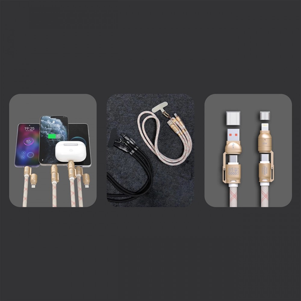 Dudao L20MAX 4-in-1 Kabelriemen USB-A / USB-C / Lightning PD QC 65W (1,5 m) - Rosa