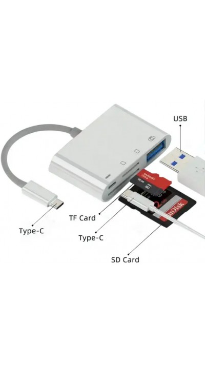 USB-C-Lesegerät für SD- & Micro-SD-Speicherkarten und USB (4 in 1) für MacBook & iPad - Weiss