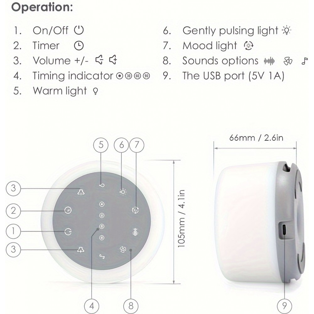 Machine &agrave; bruit blanc rechargeable avec lumi&egrave;res color&eacute;es (24 sons apaisants et minuterie) pour enfants et adultes