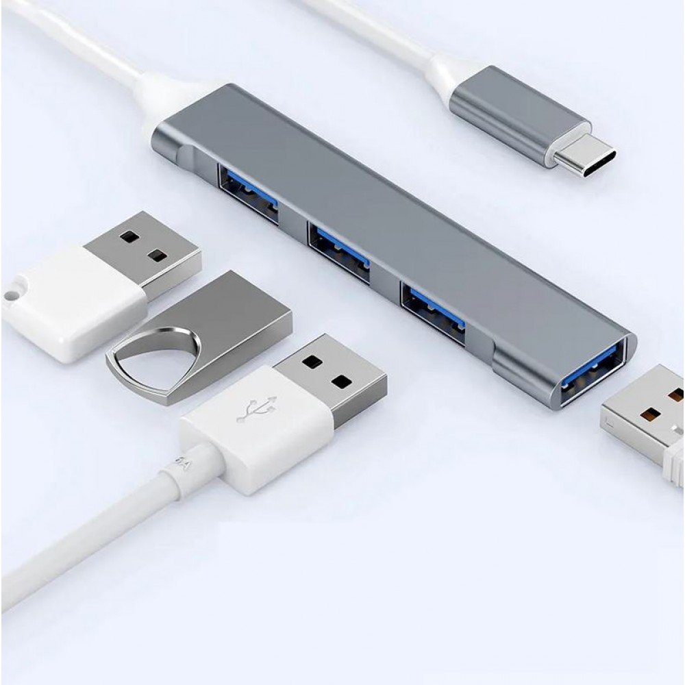 Mini Hub Multiport USB-C Aluminium Adapter mit 4 USB Anschlüssen (3x 2.0 + 1x 3.0) - Silber