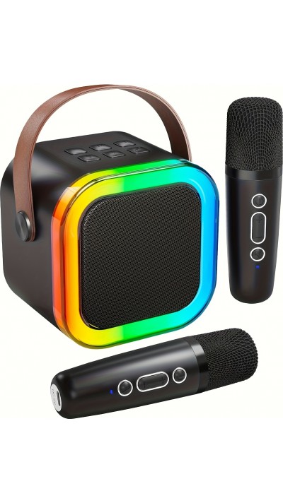 Kabellose Bluetooth Mini Karaoke Lautsprecher mit Mikrofon und LED-Lichtern (inkl. 2 Mikrofone) - Schwarz