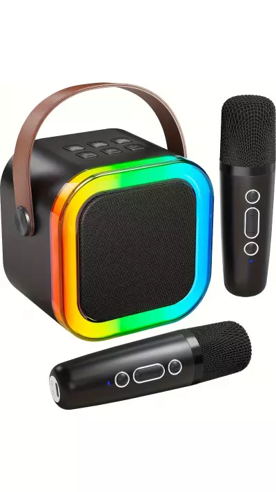 Mini enceinte à karaoké sans fil Bluetooth avec microphone et lumières LED (avec 2 micros) - Noir
