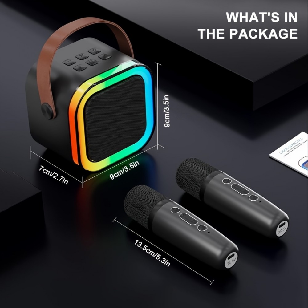 Kabellose Bluetooth Mini Karaoke Lautsprecher mit Mikrofon und LED-Lichtern (inkl. 2 Mikrofone) - Schwarz