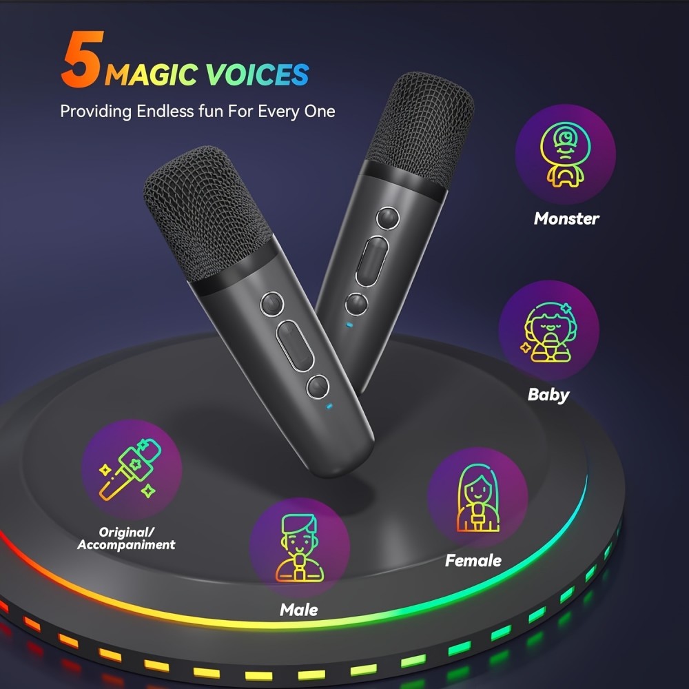 Kabellose Bluetooth Mini Karaoke Lautsprecher mit Mikrofon und LED-Lichtern (inkl. 2 Mikrofone) - Schwarz