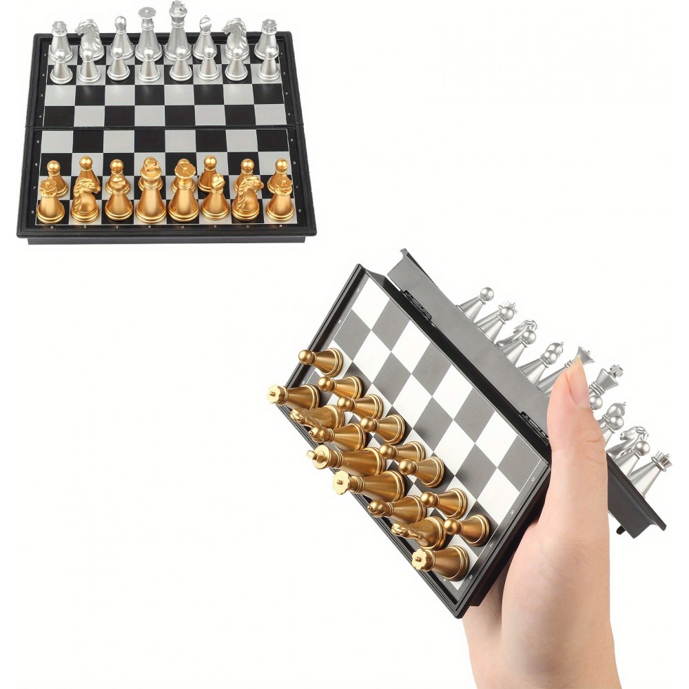 Mini Magnetisches Schachbrett Reise-Set Klappbar (12 cm) ideal f&uuml;r Reisen mit goldenen und silbernen Figuren