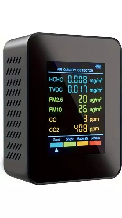 Moniteur de qualité de l'air 6 en 1 CO2/CO/PM2.5/PM10/HCHO/TVOC avec affichage LCD large - Noir